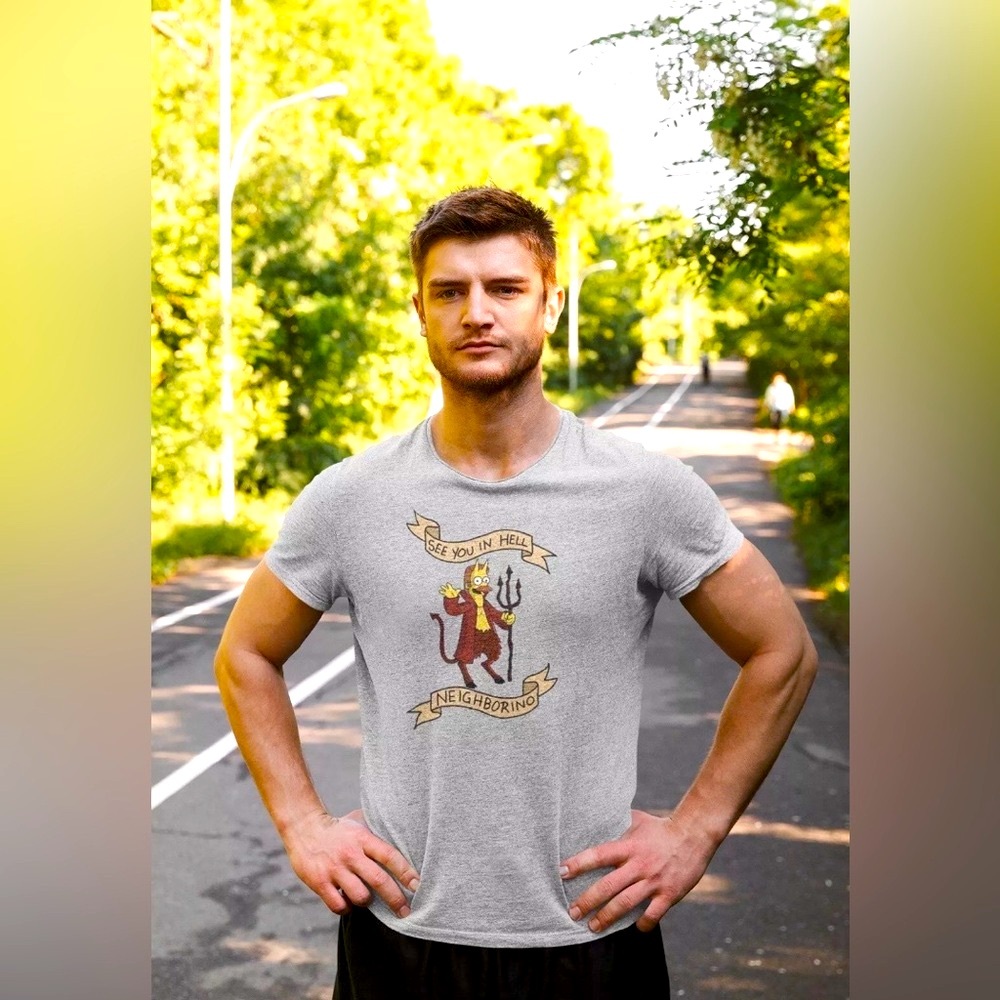 See You iN Hell Neighborino! Simpsons Ned Flanders Devil Men’s Gray Tee